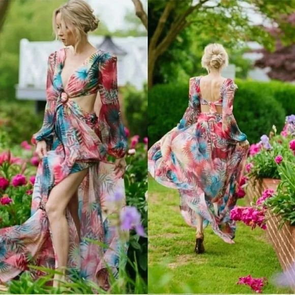 Baddie Sexy Maxi Boho Floral Resort Festival Events Flowy Slimming Gown - Picture 3 of 11